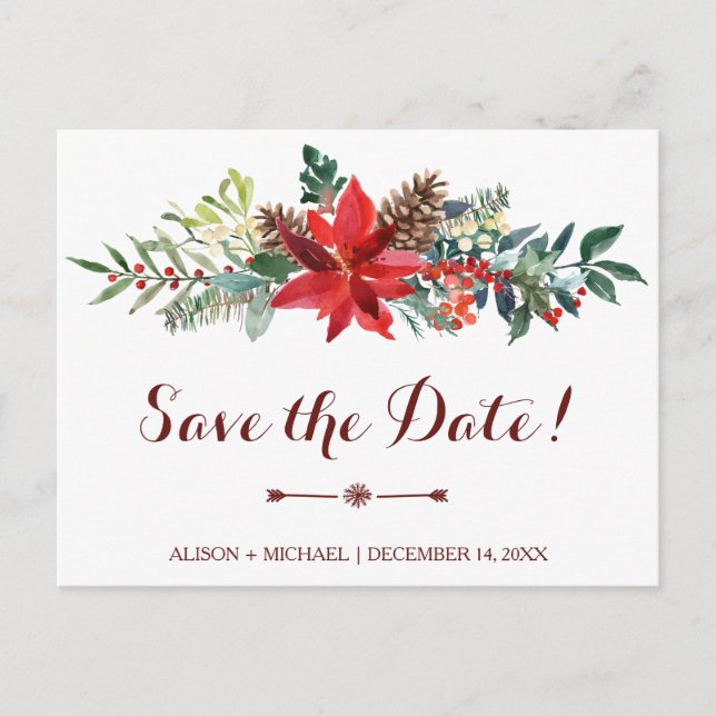 Winter Rustic Floral Wedding Burgundy Save Date Invitation Postcard (Front)
