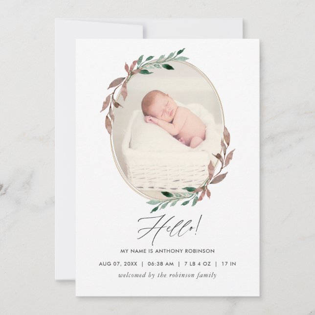 Winter Rustic Greenery Birth Announcement Card (Front)