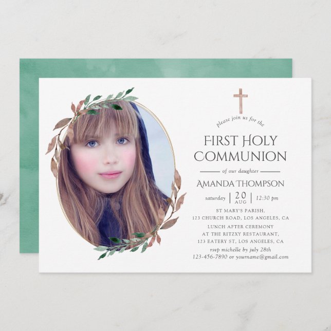 Winter Rustic Greenery First Holy Communion Invitation (Front/Back)
