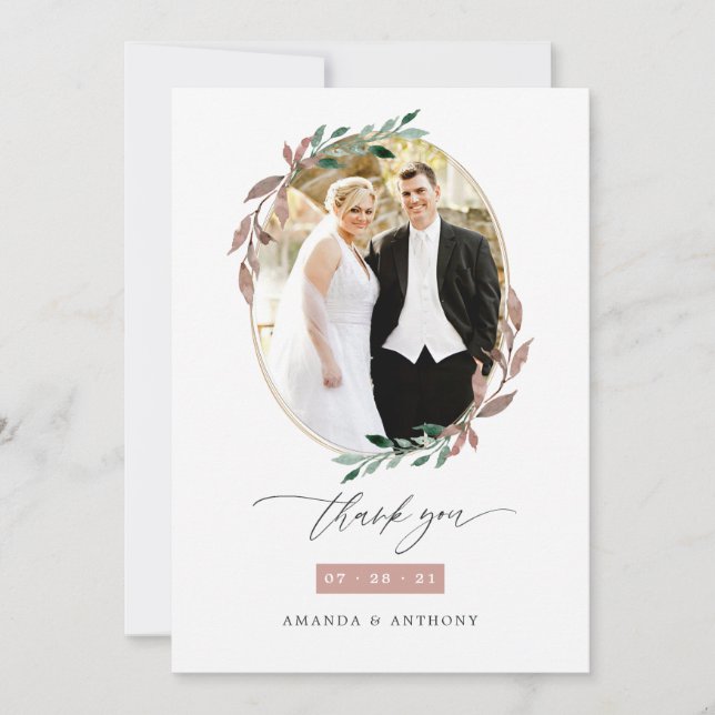 Winter Rustic Greenery Wedding Photo Thank You Card (Front)