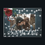 Winter rustic light string photo save date wedding announcement postcard<br><div class="desc">Burgundy red wine and white peony roses bouquet with hunter green foliage and strings of white twinkle lights on a navy blue chalkboard making a chic photo save the date wedding postcard. Easy to personalise with your image, names and text! Suitable for floral winter rustic country, farmhouse, mountains, wonderland or...</div>