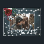 Winter rustic light string photo save date wedding announcement postcard<br><div class="desc">Burgundy red wine and white peony roses bouquet with hunter green foliage and strings of white twinkle lights on a navy blue chalkboard making a chic photo save the date wedding postcard. Easy to personalise with your image, names and text! Suitable for floral winter rustic country, farmhouse, mountains, wonderland or...</div>