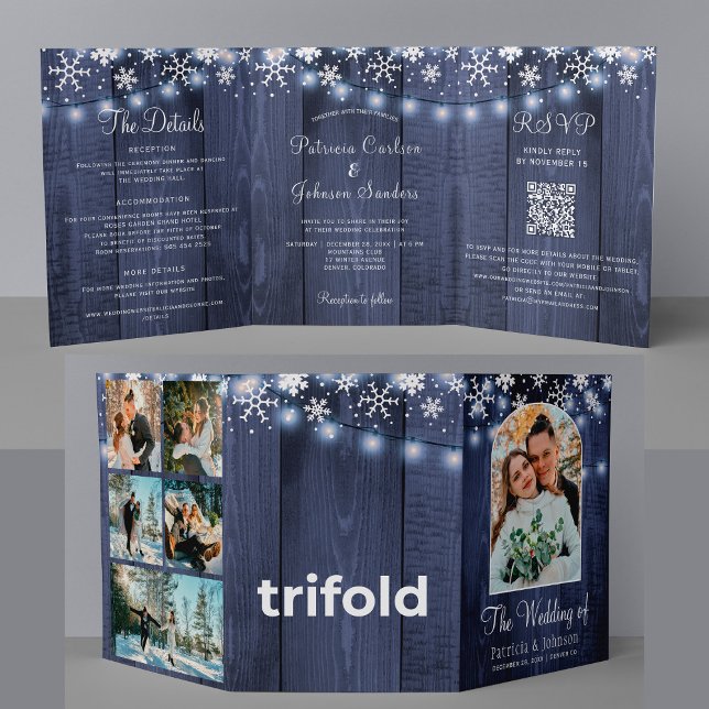 Winter rustic multi photo QR RSVP details wedding Tri-Fold Invitation (Creator Uploaded)