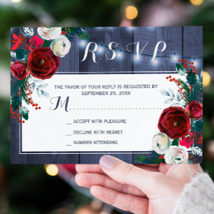 Winter rustic navy burgundy floral chic RSVP card