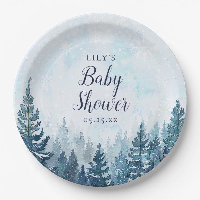 Winter Rustic Pine Tree Forest Baby Shower Paper Plate (Front)