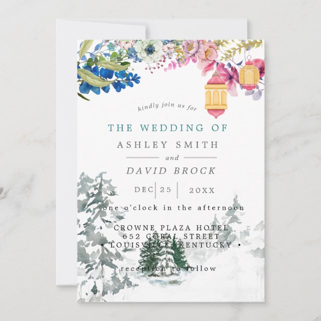 Winter Rustic Pine Trees Botanical Lantern Wedding Invitation (Front)