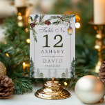 Winter Rustic Pine Trees Botanical Lantern Wedding Table Number<br><div class="desc">Winter Rustic Pine Trees Botanical Lantern Wedding Table Number. Beautiful elegant winter wedding table numbers with snowy lantern with rustic botanical pine branches and pine trees . This custom modern wedding design can easily be personalised with your own wedding details.</div>
