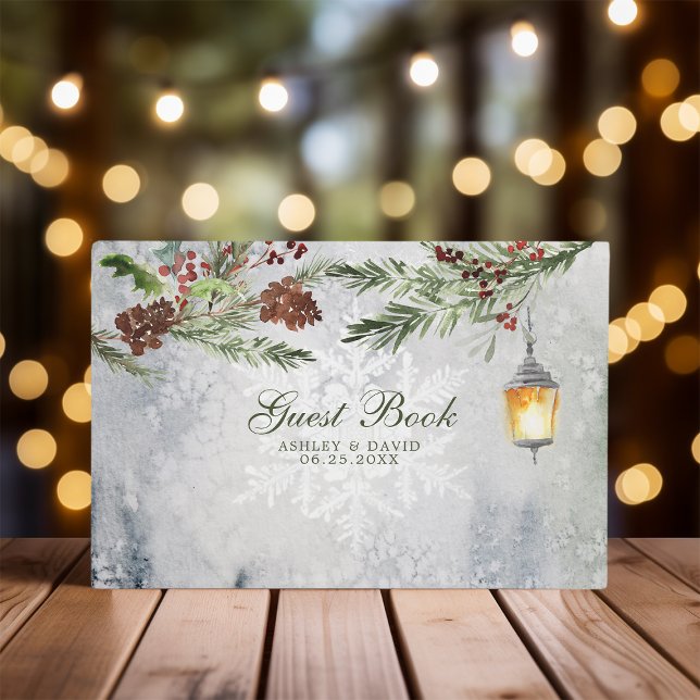 Winter Rustic Pine Trees Lantern Botanical Wedding Guest Book (Creator Uploaded)