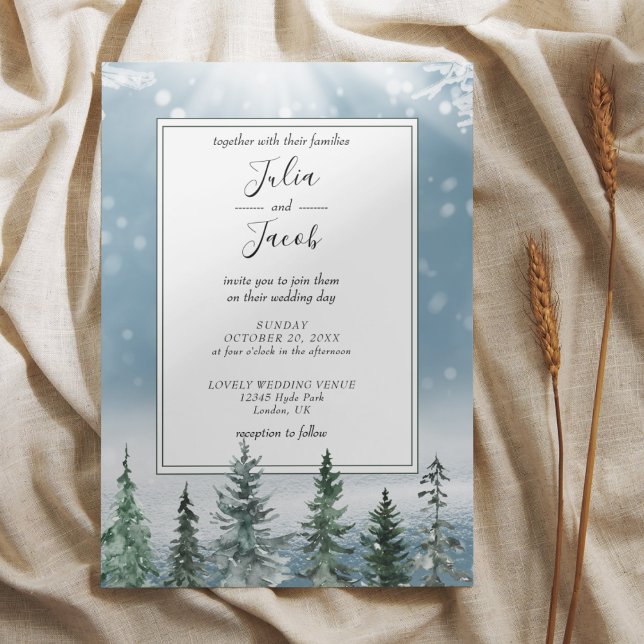 Winter Rustic Pine Trees Lantern Botanical Wedding Invitation (Winter Rustic Pine Trees Lantern Botanical Wedding Party Supplies)
