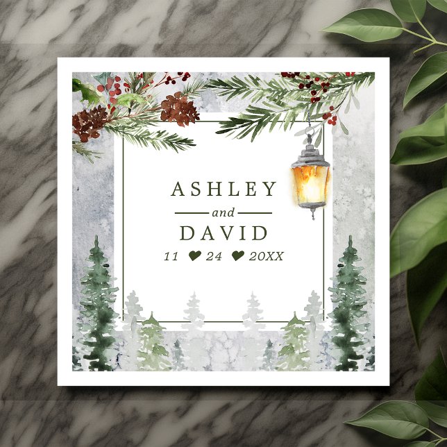 Winter Rustic Pine Trees Lantern Botanical Wedding Napkin (Creator Uploaded)