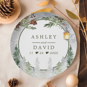 Winter Rustic Pine Trees Lantern Botanical Wedding Paper Plate
