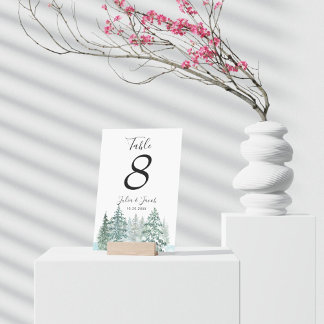 Winter Rustic Pine Trees Lantern Botanical Wedding Table Number