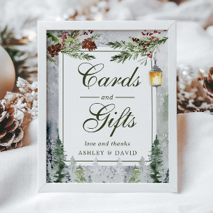 Winter Rustic Pine Trees Lantern Cards Gifts Poster