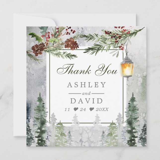 Winter Rustic Pine Trees Lantern Thank You Card (Front)