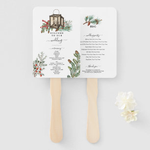 Winter Rustic Pine Trees Lantern Wedding Program Hand Fan