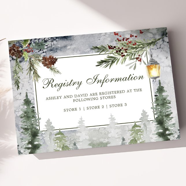 Winter Rustic Pine Trees Lantern Wedding Registry Enclosure Card (Creator Uploaded)
