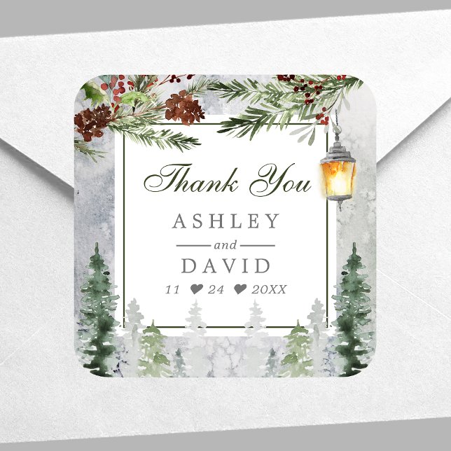 Winter Rustic Pine Trees Lantern Wedding Thank You Square Sticker (Creator Uploaded)