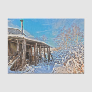 Winter Rustic Snow Covered Cabin Blue Sky Scenery Tissue Paper