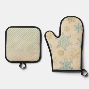 Winter rustic snowflake striped teal cream vintage oven mitt & pot holder set