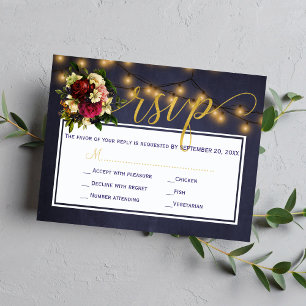 Winter rustic string lights floral navy wedding RSVP card