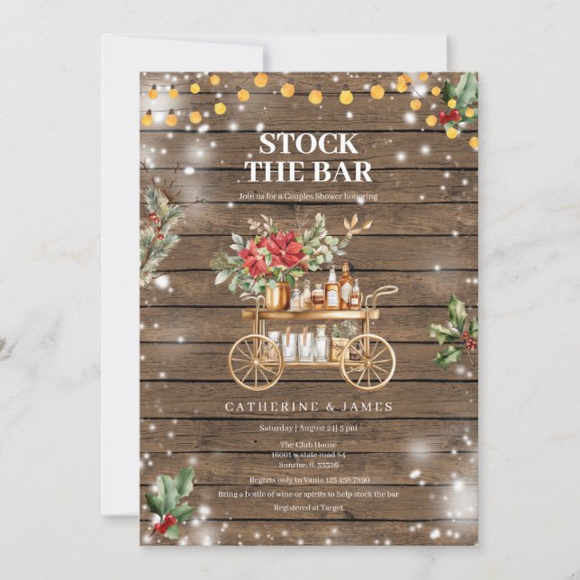 Winter Rustic Wood String lights Stock The Bar  Invitation (Front)