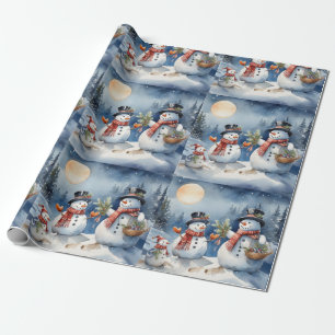 Winter’s Evening Snowman Family. Holiday Snowmen. Wrapping Paper
