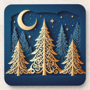 Winter’s Gold Papercut – Christmas Trees Scene Coaster
