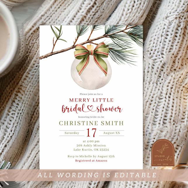 Winter Sage Green Bow Merry Little Bridal Shower Invitation (Creator Uploaded)