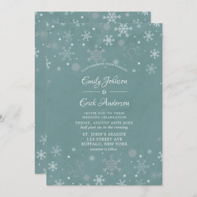 Winter Sage Watercolor White Snowflakes Wedding Invitation (Front/Back)