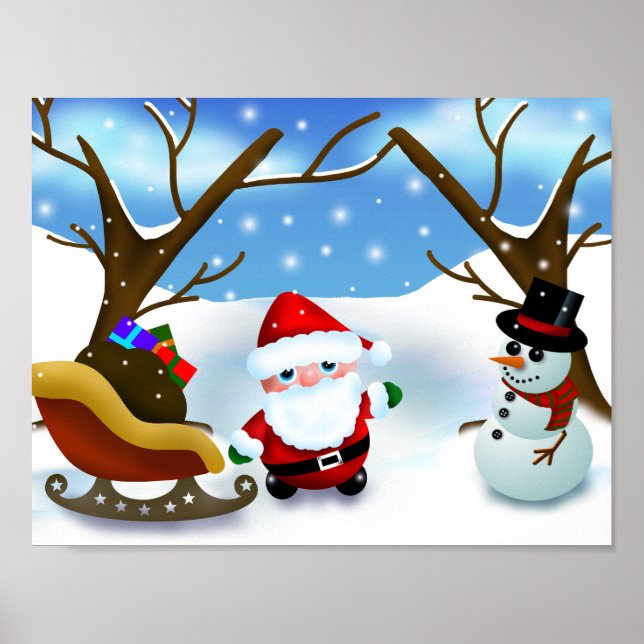 Winter Santa Claus and a Snowman Poster (Front)