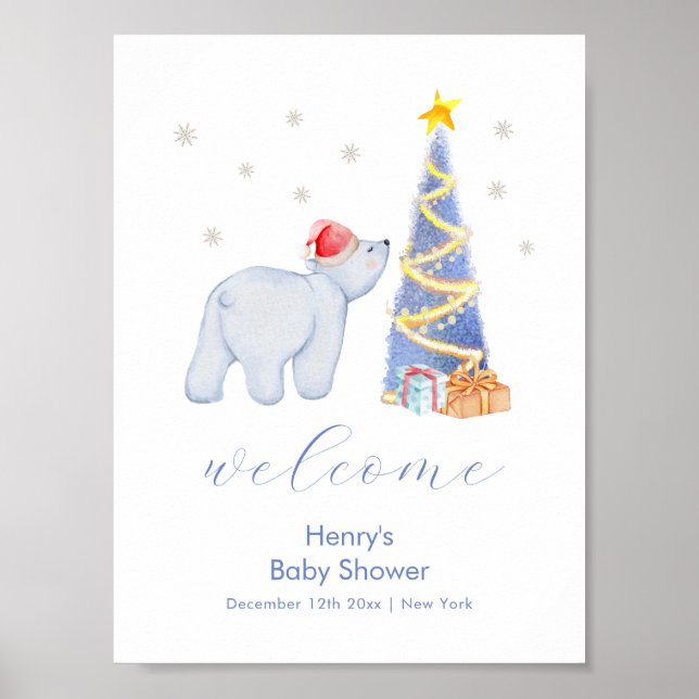 Winter Santa Polar Bear Baby Shower Welcome  Poster (Front)