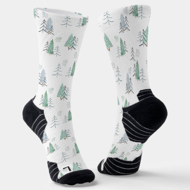 Winter Scandinavian Tree Hand-Painted Pattern  Socks (Angled)
