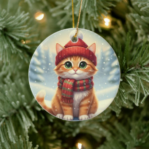 Winter Scarf Cat Christmas Cat with Plaid Scarf Ceramic Ornament