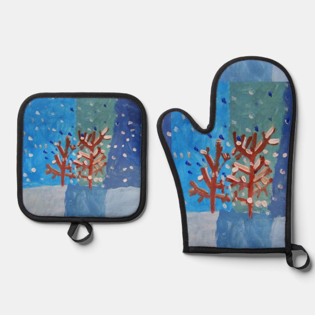 Winter Scene "Art by Kids" Oven Mitt & Pot Holder Set (Front)
