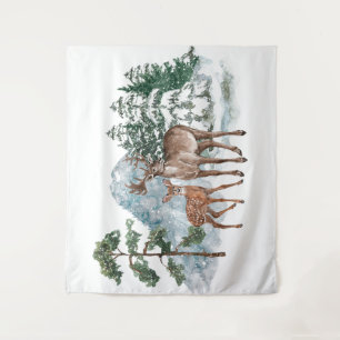 Winter Scene back drop Dear and Pine tree snow vie Tapestry
