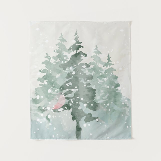 Winter Scene Christmas Tree Snow Fall view Tapestry (Front)