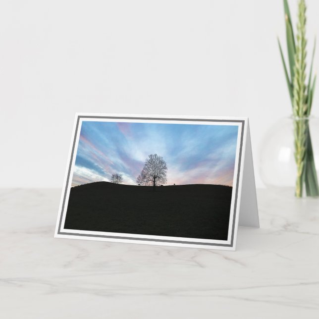 Winter Scene Dusk w/Bluish Skies, Trees & Horses Card (Front)