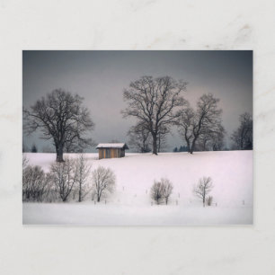 Winter scene, hill and trees, hut postcard
