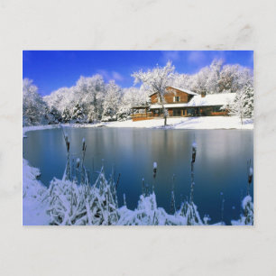 Winter scene, house by the lake postcard