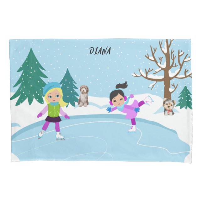 Winter scene Ice Skating personalised Pillow Case (Front)