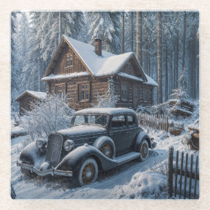 Winter Scene of a Snowy Cabin in the Woods Glass Coaster