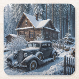 Winter Scene of a Snowy Cabin in the Woods Square Paper Coaster