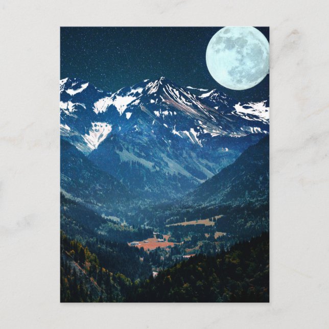Winter Scene of Snow on Mountains under The Moon Postcard (Front)