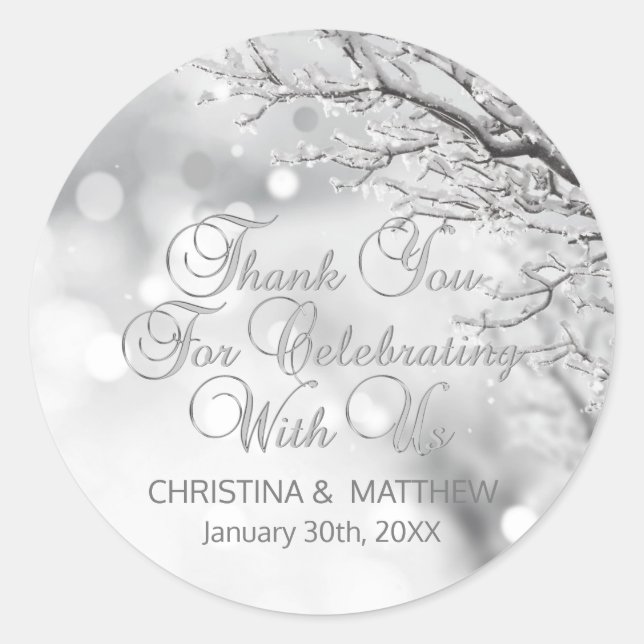 Winter Scene Snow Snowflakes Thank You Wedding Classic Round Sticker (Front)