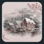 winter scene square sticker<br><div class="desc">winter Christmas, houses, snow, snowy, drawing, awesome, unique, romantic, winter scene, </div>