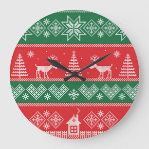 Winter scene: vintage seamless pattern large clock
