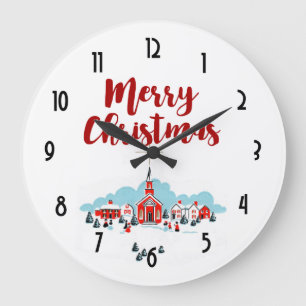 Winter Scene with a Red Church and Christmas Star Large Clock