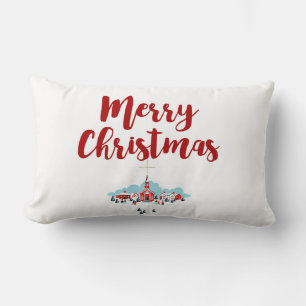 Winter Scene with a Red Church and Christmas Star Lumbar Cushion