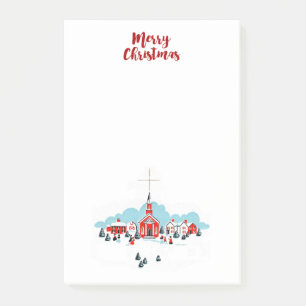 Winter Scene with a Red Church and Christmas Star Post-it Notes