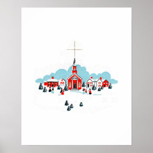 Winter Scene with a Red Church and Christmas Star Poster